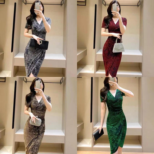 Solid V Neck Slim Body Fitted Asymmetrical Dress